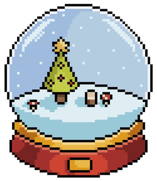 Globo de nieve de navidad de pixel art con artículo de árbol de navidad para juego bit sobre fondo blanco