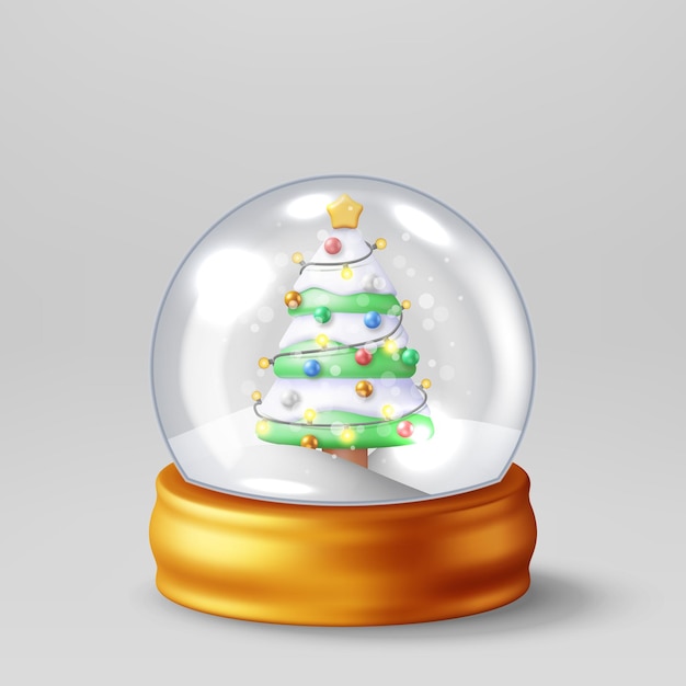 Vector globo de nieve navideño de vidrio 3d con árbol aislado render spere podium con abeto feliz año nuevo decoración feliz navidad vacaciones año nuevo celebración de navidad ilustración vectorial realista