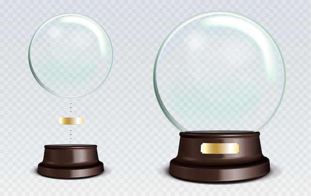 Globo de nieve vacío de vector. esfera de vidrio transparente blanco sobre soporte con letrero de metal con reflejos y reflejos.