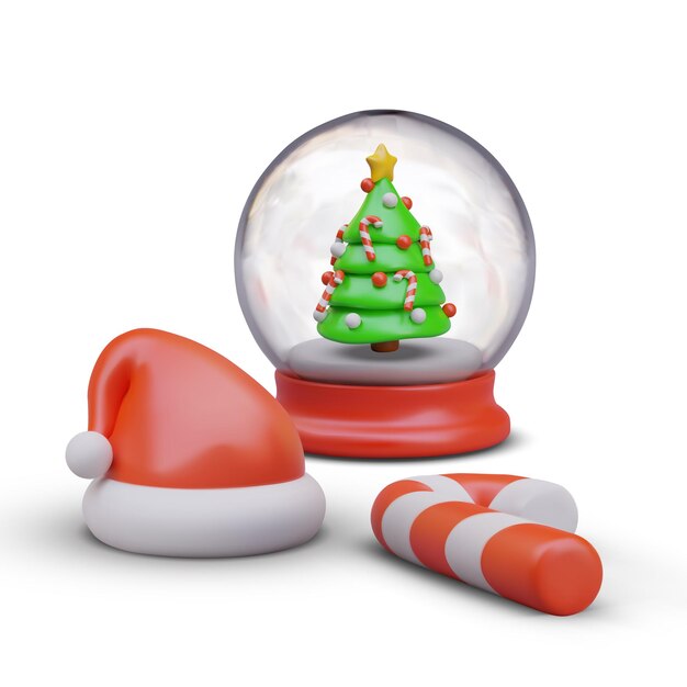 Globo de nieve vectorial con árbol de Navidad decorado sombrero de Papá Noel caña de caramelo
