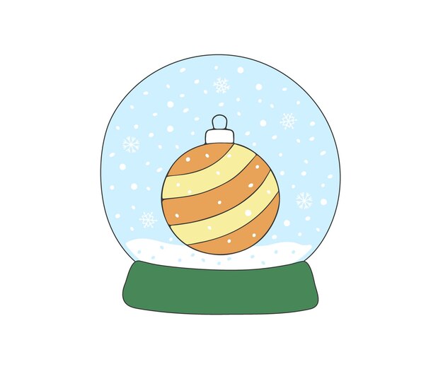 Globo de nieve de vidrio con bola de Navidad dentro de la ilustración de bola de nieve invernal dibujado a mano dibujado en dibujos animados