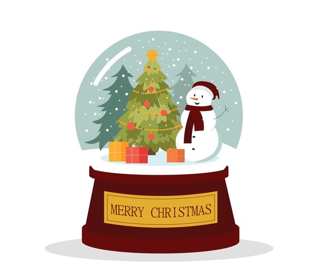 Globo de nieve de vidrio con concepto de muñeco de nieve bola de cristal con cajas de regalos y árbol de Navidad presente en