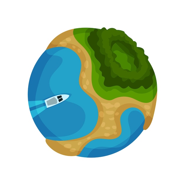 Vector globo del planeta tierra con isla tropical y lancha motora vector ilustración sobre un fondo blanco