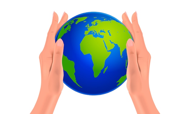 Globo del planeta Tierra en manos de mujeres, manos realistas que sostienen el mundo, concepto de protección de la naturaleza, ilustración