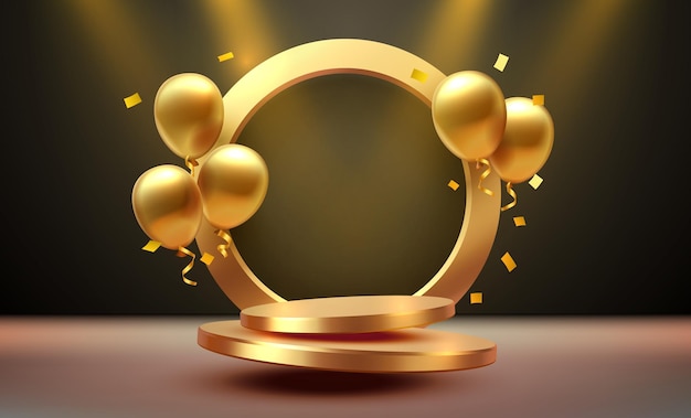 Globo podio dorado presente celebrar feliz cumpleaños oro plataforma banner Vector ilustración