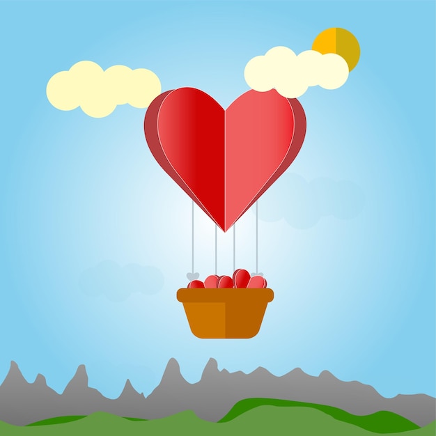 Globo con san valentín en el fondo del cielo, imitación cortada de papel