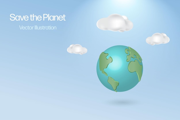 Globo terráqueo con cielo nublado salvar el planeta tierra día mundo medio ambiente día concepto 3d vector