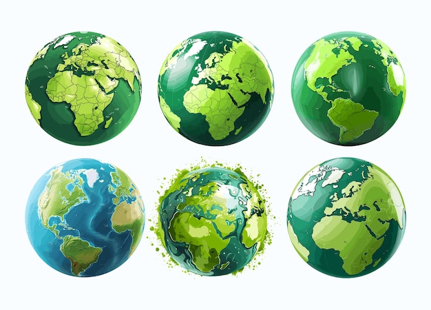 Globo terráqueo con conjunto de iconos de continentes verdes