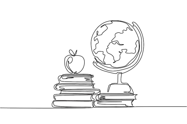Globo terráqueo en el escritorio Libros de dibujo continuo de una línea diseño vectorial minimalista sobre fondo blanco