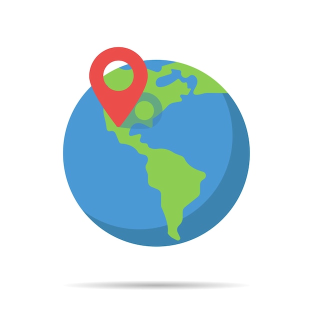 Globo terráqueo con ubicación de pin en estilo plano Ícono de búsqueda Ícono de mapa mundial