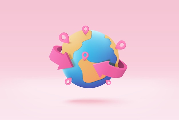 Globo terrestre 3D con puntos puntuales en línea entrega servicio entrega seguimiento pin ubicación punto marcador de concepto de envío Producto envío fuera del mapa del mundo Icono logístico Ilustración de renderización vectorial 3D