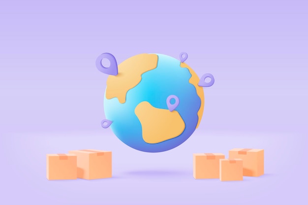 Globo terrestre 3D con puntos puntuales en línea entrega servicio entrega seguimiento pin ubicación punto marcador de concepto de envío Producto envío fuera del mapa del mundo Icono logístico Ilustración de renderización vectorial 3D