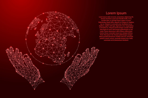 Globo de la Tierra y dos manos, protegiendo las manos de líneas rojas poligonales futuristas