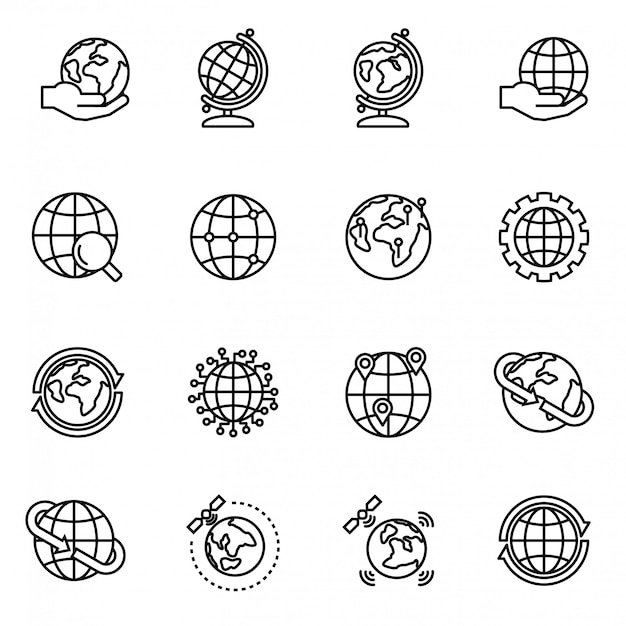Globo y tierra geografía gráfica conjunto de iconos. Cartografía del planeta tierra.