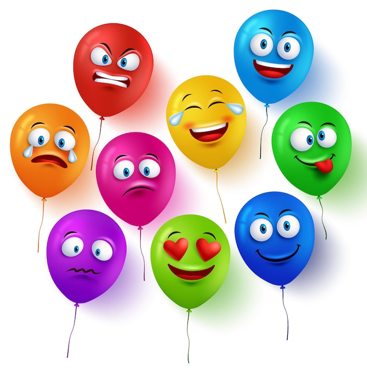 Vector el globo vectorial se enfrenta a un conjunto colorido con expresiones faciales divertidas y diferentes emociones