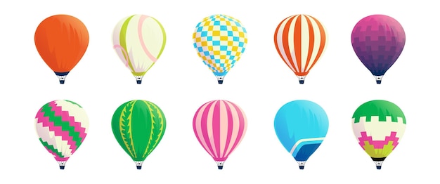 Vector globos aerostáticos dirigibles coloridos de dibujos animados cúpulas de rayas brillantes con cestas transporte volador retro o festival vehículo se eleva en el cielo vuelo romántico de verano conjunto de aerostatos vectoriales