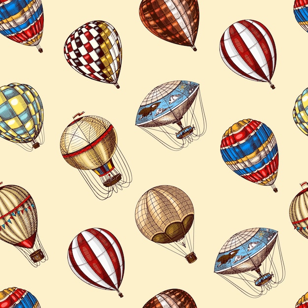 Globos aerostáticos de patrones sin fisuras vector retro dirigibles voladores plantilla de transporte para fondo romántico dibujado a mano boceto vintage grabado