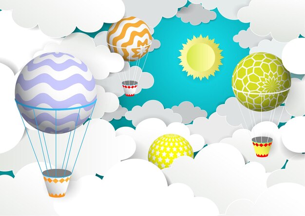 Vector globos de aire caliente en la ilustración de vector de cielo en estilo de arte de papel