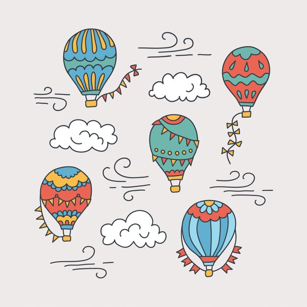 Globos de aire caliente y nubes. Patron inconsútil dibujado a mano. Ilustración en estilo doodle