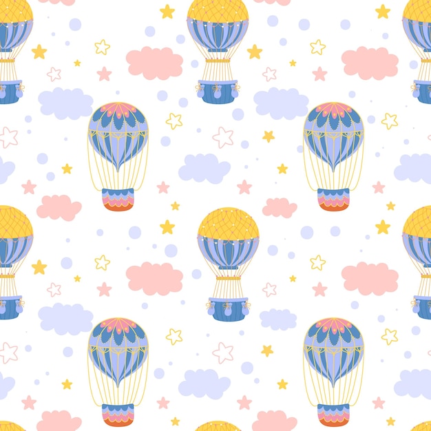 Globos de aire caliente patrón sin costuras Vehículos aéreos retro transporte inflable viajes y vuelo romántico nubes y estrellas sobre fondo blanco Decoración textil vector impresión