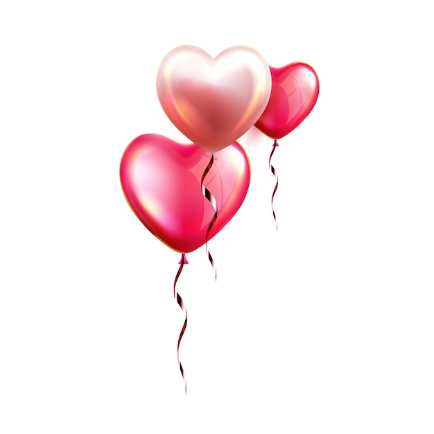 Globos de aire en forma de corazón con cinta Vector. Volar globos inflados de helio en forma de símbolo de amor, hermoso regalo en el día de San Valentín o fiesta de cumpleaños. Romántico decorar plantilla realista ilustración 3d