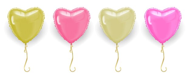 Globos de aire en forma de corazón de oro y rosa realistas o globos de papel de helio aislados en blanco