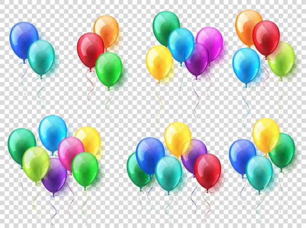 Globos de aire voladores brillantes coloridos realistas aislados transparentes establecen cinta de fiesta de cumpleaños