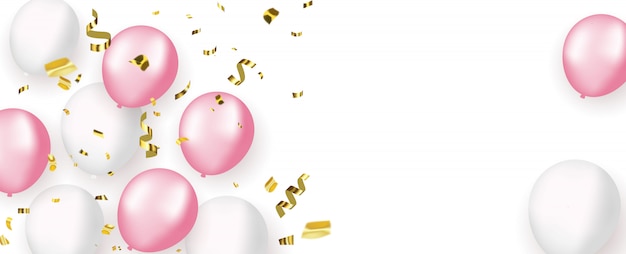 Globos blancos rosados, diseño de concepto de confeti dorado