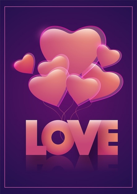 Globos brillantes de la forma del corazón con el amor del texto en fondo púrpura.