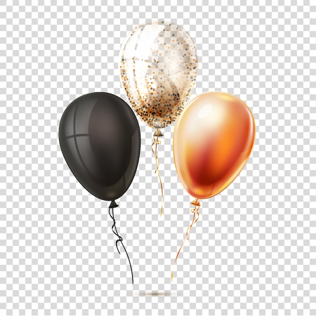 Globos brillantes realistas sobre fondo transparente. Globos dorados, negros y plateados.