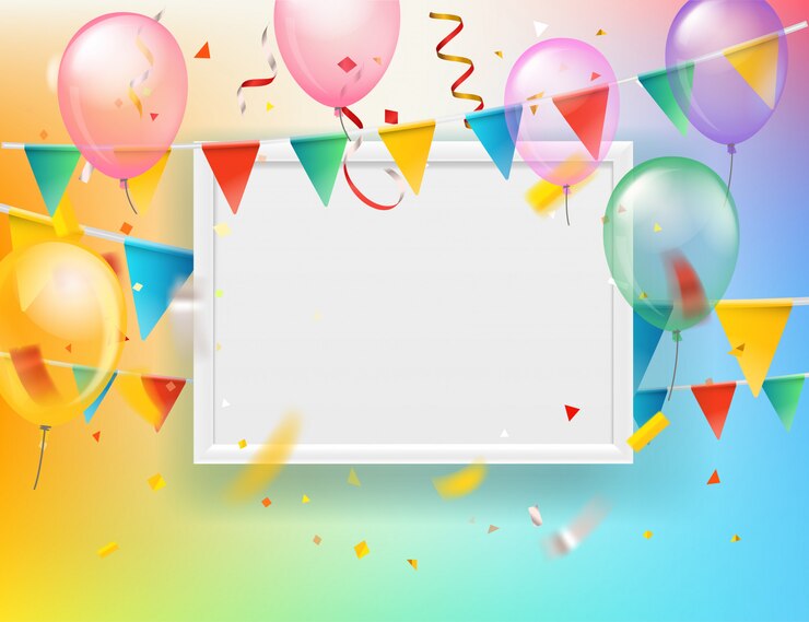 Vector globos de colores y banderas y confeti con tarjeta de felicitación de marco blanco en blanco