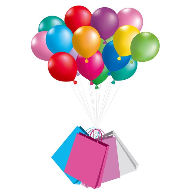 Globos de colores y bolsa de compras, aislado sobre fondo azul.