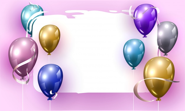 Globos de colores brillantes decorados sobre fondo morado con espacio para mensaje.