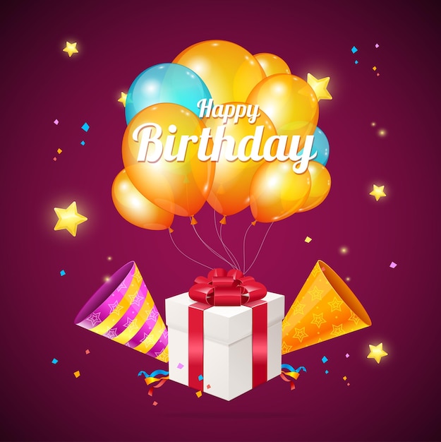 Globos de colores detallados en 3d realistas y vector de concepto de tarjeta de cumpleaños de caja actual