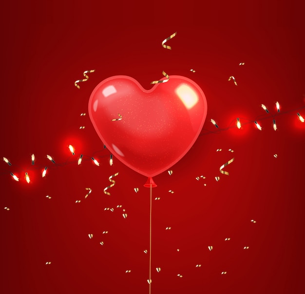 Globos de corazón realistas y confeti de oro, rojo aislado, luces realistas, decoración de amor