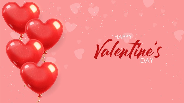 Globos de corazón realistas, globo rojo aislado con fondo rosa, decoración de amor, día de san valentín
