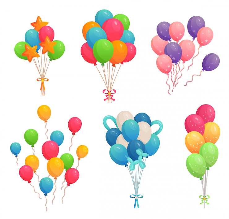 Vector globos de cumpleaños de dibujos animados. colorido globo aerostático, decoración de fiesta y globos voladores de helio en conjunto de ilustración de cintas