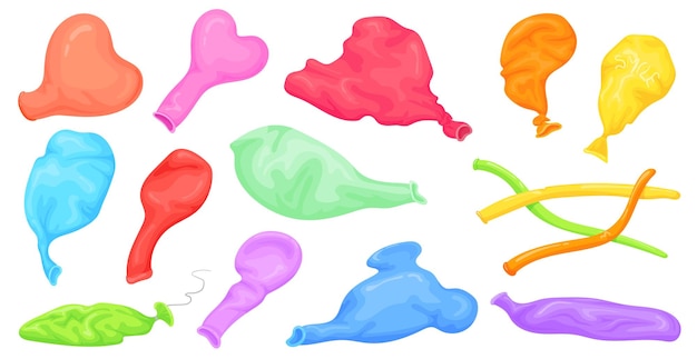 Globos desinflados Diferentes globos vacíos de dibujos animados de goma no inflados globos de varias formas divertidos de látex inflados globo de aire decorativo globo para cumpleaños ilustración vectorial ordenada