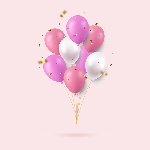 Globos de feliz cumpleaños coloridos y realistas en 3d que vuelan para fiestas y celebraciones