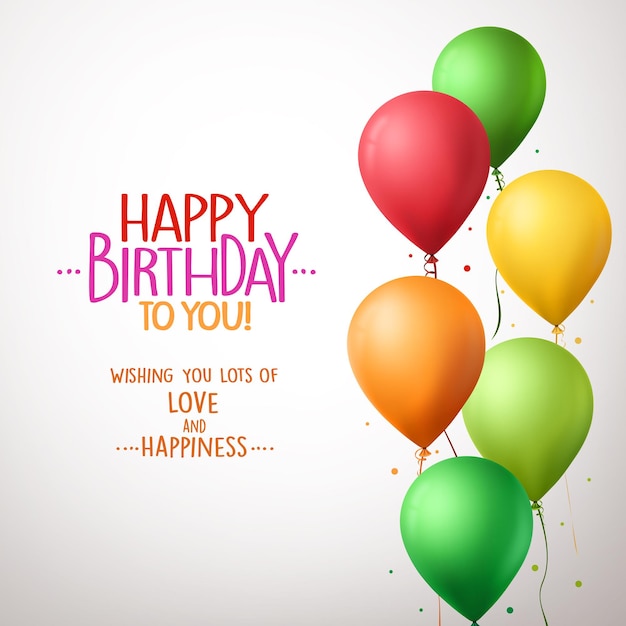 Globos de feliz cumpleaños coloridos vectoriales 3d volando para fiestas y celebraciones con espacio para mensajes