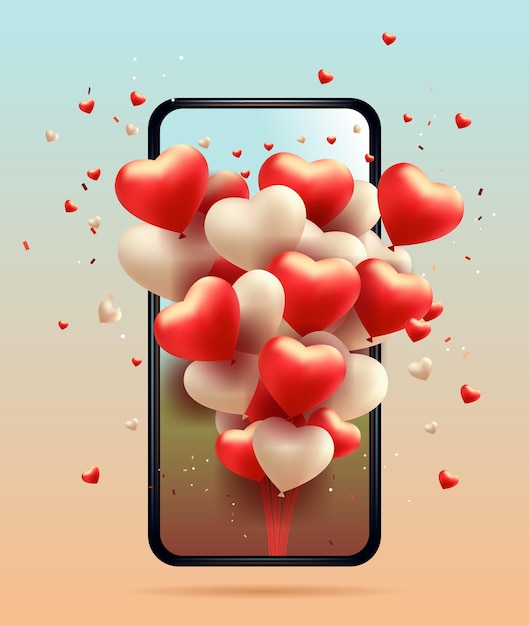 Globos en forma de corazón en la pantalla del teléfono inteligente cartel de feliz día de san valentín o cupón encabezado de venta de celebración navideña