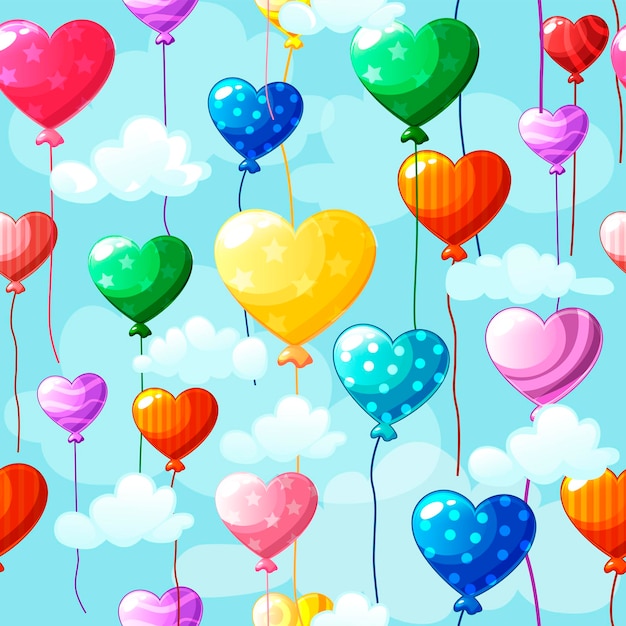 Globos en forma de corazón de patrones sin fisuras en el cielo con nubes textura romántica para el día de san valentín