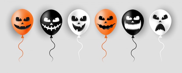 Globos de halloween. Scary air orange, globos blancos y negros. Cara espeluznante en globo para venta pancartas o póster. Personaje de dibujos animados de vacaciones. Ilustración de vector de estilo plano