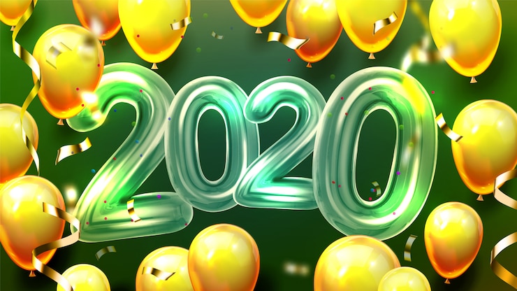 Vector globos de helio 2020 y bandera de confeti