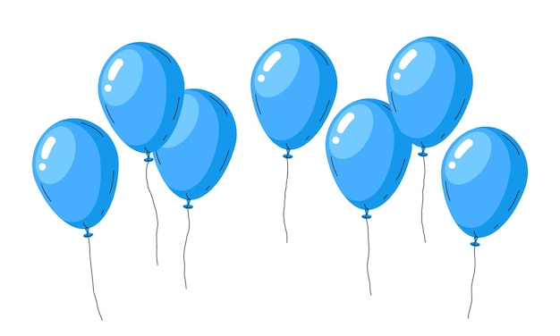 Globos de helio azules volando globos brillantes globos de aire flotantes decoraciones festivas Feliz cumpleaños celebración decoración ilustración vectorial plana
