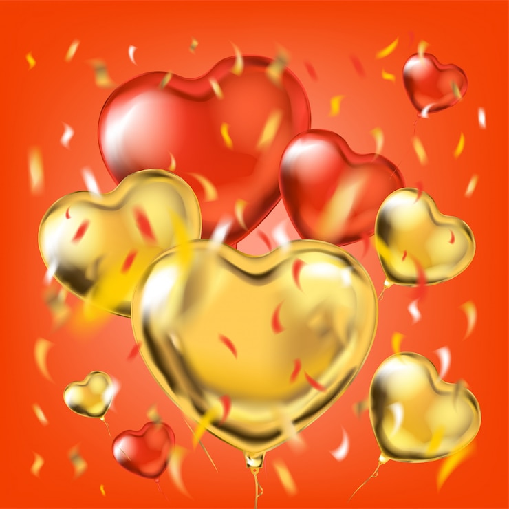 Vector globos metálicos dorados y rojos en forma de corazón y confeti de aluminio