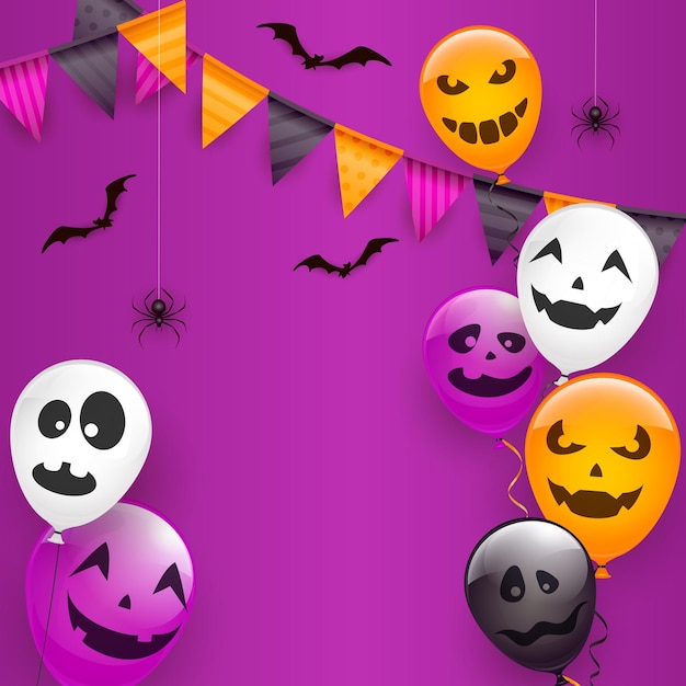 Vector globos de miedo y arañas sobre fondo morado de halloween