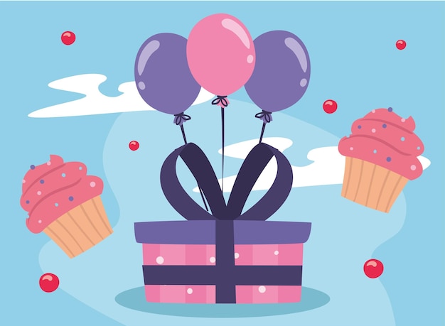 Globos y muffins de regalo de feliz cumpleaños