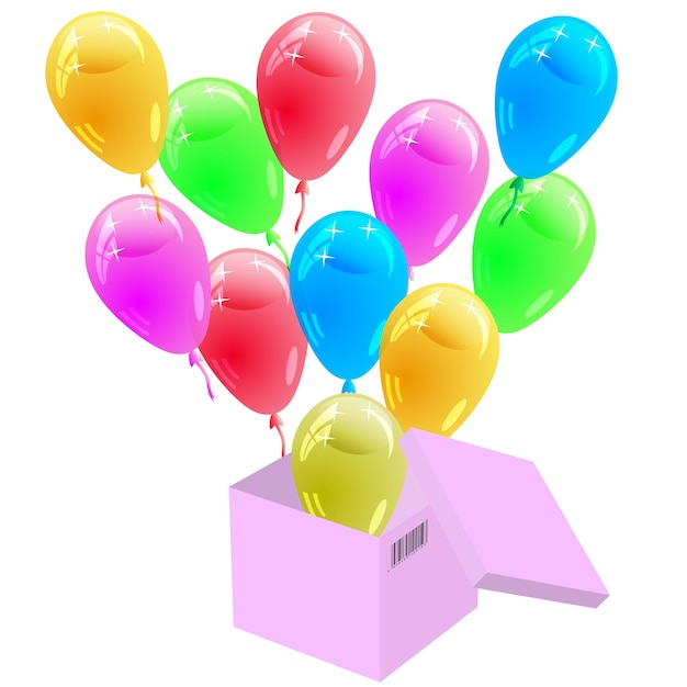 Globos multicolores brillantes saliendo de la caja de cartón Ilustración vectorial