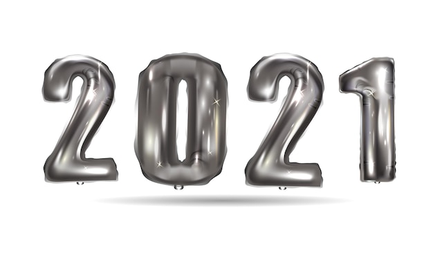 Globos de plata realistas año nuevo. Diseño de fondo números metálicos fecha